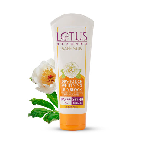 Lotus Herbals Sun Dry Touch Whitening Sunscreen Cream SPF 40 PA+++, UVA, UVB & IR Protection, Skin Brightening, Preservatives Free, No white cast, Non-Oily, 100g