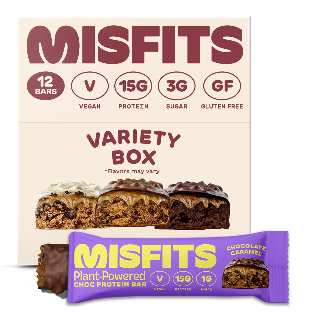 Misfits Vegan Protein Bar, Best Sellers Variety Pack, Plant Based Protein Bars, High Protein Snacks with 15g Per Bar, Low Sugar, Low Carb, Gluten Free, Dairy Free, High Fiber, Non GMO, 4 Flavor 12 Pack