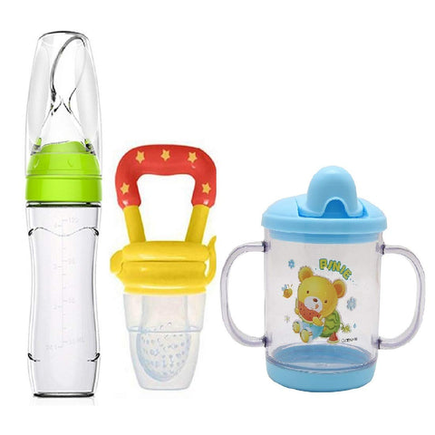 Manan Shopee Baby Cerelac Rice Paste Food Feeder with Baby Fruit Nibbler & Spout Sipper (Combo) (Green/Yellow/Blue)