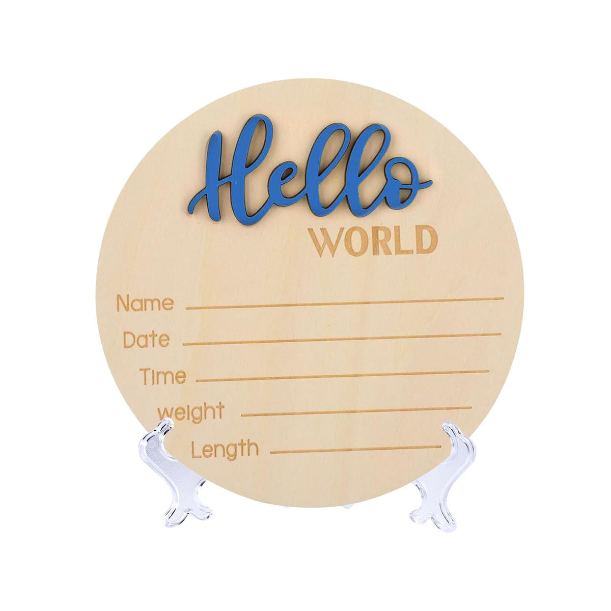 Baby Announcement Sign with Stand, 5.9 Inch Wooden Hello World Newborn Welcome Sign, Birth Announcement Sign for Hospital, Newborn Name Sign Plaques (Blue)