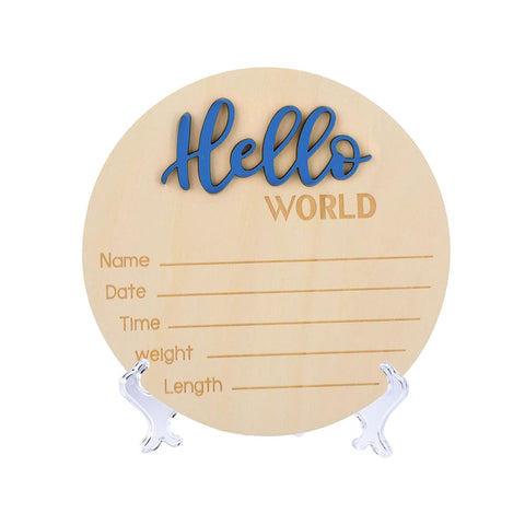 Baby Announcement Sign with Stand, 5.9 Inch Wooden Hello World Newborn Welcome Sign, Birth Announcement Sign for Hospital, Newborn Name Sign Plaques (Blue)