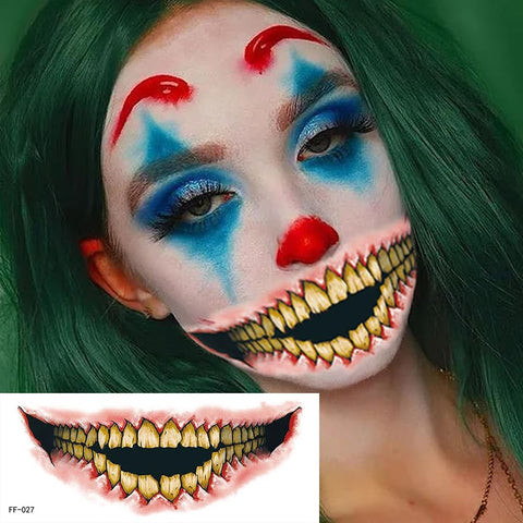 Halloween Temporary Tattoo Stickers, 10 Sheets Halloween Prank Gothic Clown Horror Mouth Fake Tattoo Face Sticker Decals for Women Girls Makeup Prank Props for Halloween Cosplay Party DIY Decorations