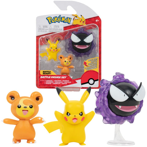 PokÃ¨mon PKW2347 Battle Figure Set-Comes with Pikachu, Teddiursa and Gastly