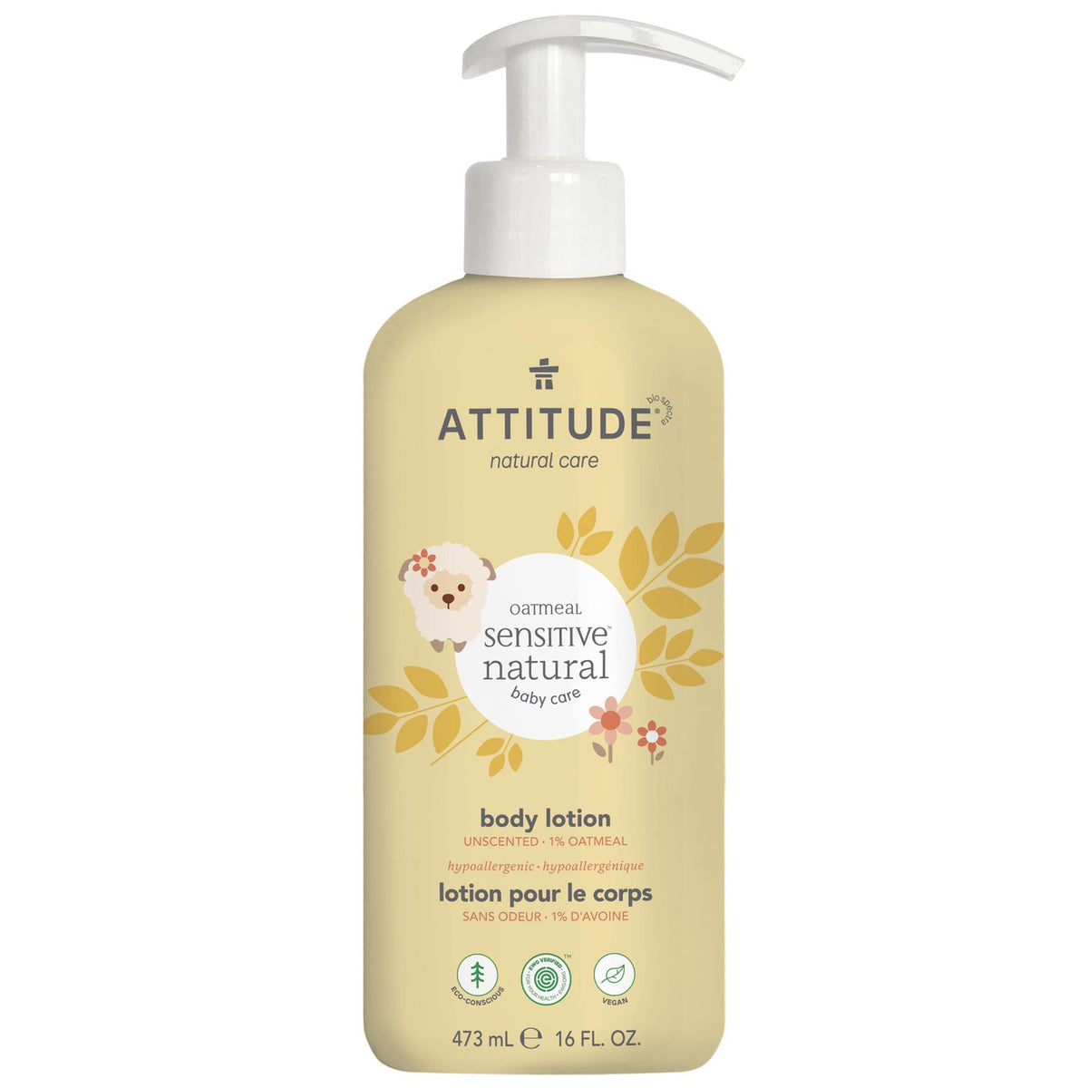 ATTITUDE Body Lotion for Baby, EWG Verified, Plant and Mineral-Based Ingredients, Vegan and Cruelty-free Personal Care Products, Hypoallergenic, Sensitive Skin, Unscented, 16 Fl Oz