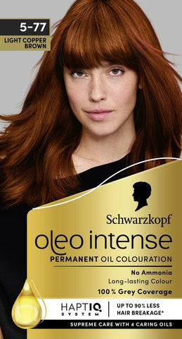 Schwarzkopf Oleo Intense Permanent Oil Colour 5-77 Light Copper Brown Hair Dye, 100% Grey Coverage, Conditioner with HaptIQ System, Long-Lasting Colour, Ammonia Free