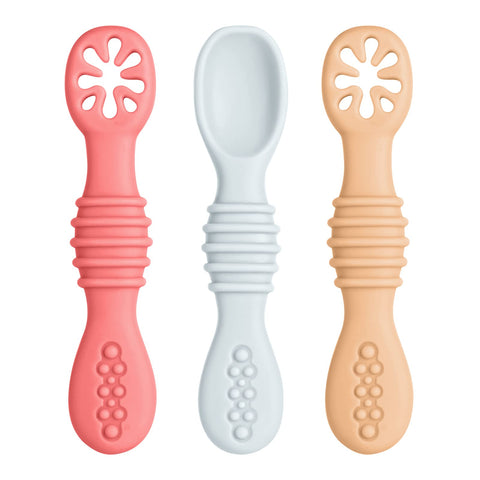 Vicloon Baby Fork and Spoon Set, 3Pcs Silicone Spoon Baby Weaning Spoon Set Self Feeding Utensil Easy Grip Toddler Cutlery Kit, Soft Baby Spoon for Infant Toddler (Grey/Orange/Pink)