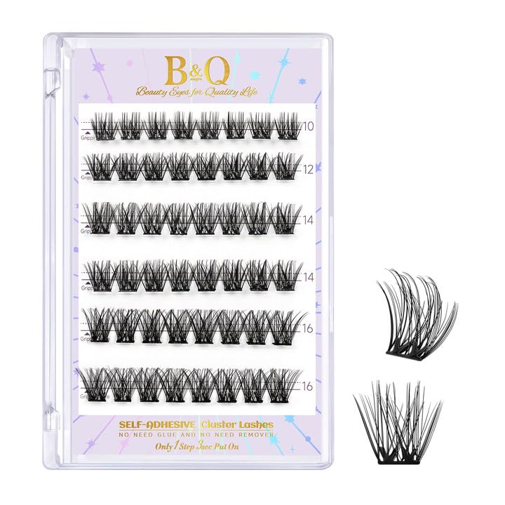 B&Q Self Adhesive Eyelashes 48 PCS Reusable Adhesive Eyelashes Pre-Glued Cluster Lashes D Curl No Glue Eyelashes 10-16mm with Lash Tweezers 1 Step DIY Lash Self Stick Easy to Apply (SA01-D)