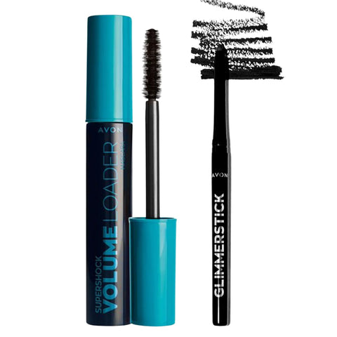 AVON Supershock Volume Loader Mascara 10g with Glimmersticks Eye Liner, Blackest Black 0.01 Ounce SET!