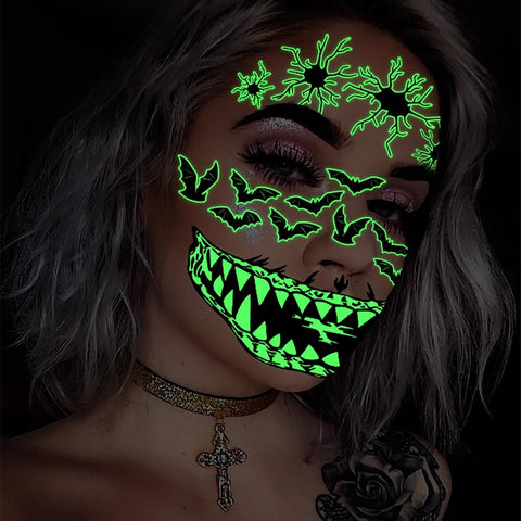 10 Sheets Halloween Glow In The Dark Tattoos Face Luminous Temporary Tattoo Waterproof Last Long Glitter Tattoos Stickers Scary Zombie Makeup Kit For Kids Women Girls Boys Adults Party Supplies