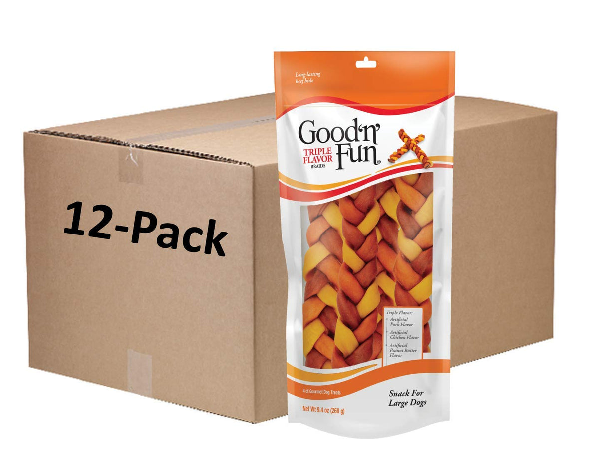 Good'n'Fun Triple Flavor 9" Rawhide Braid 4 ct, Pack of 12, P-94290