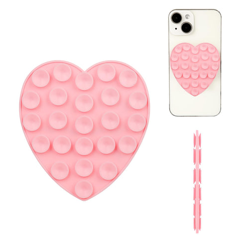 PEUTIER Silicone Suction Phone Holder, Double Sided Suction Cup Phone Mount Heart Shaped Hand-Free Suction Phone Case Sweet Phone Sticky Grip for Mobile Devices Mirror Glass (Pink)