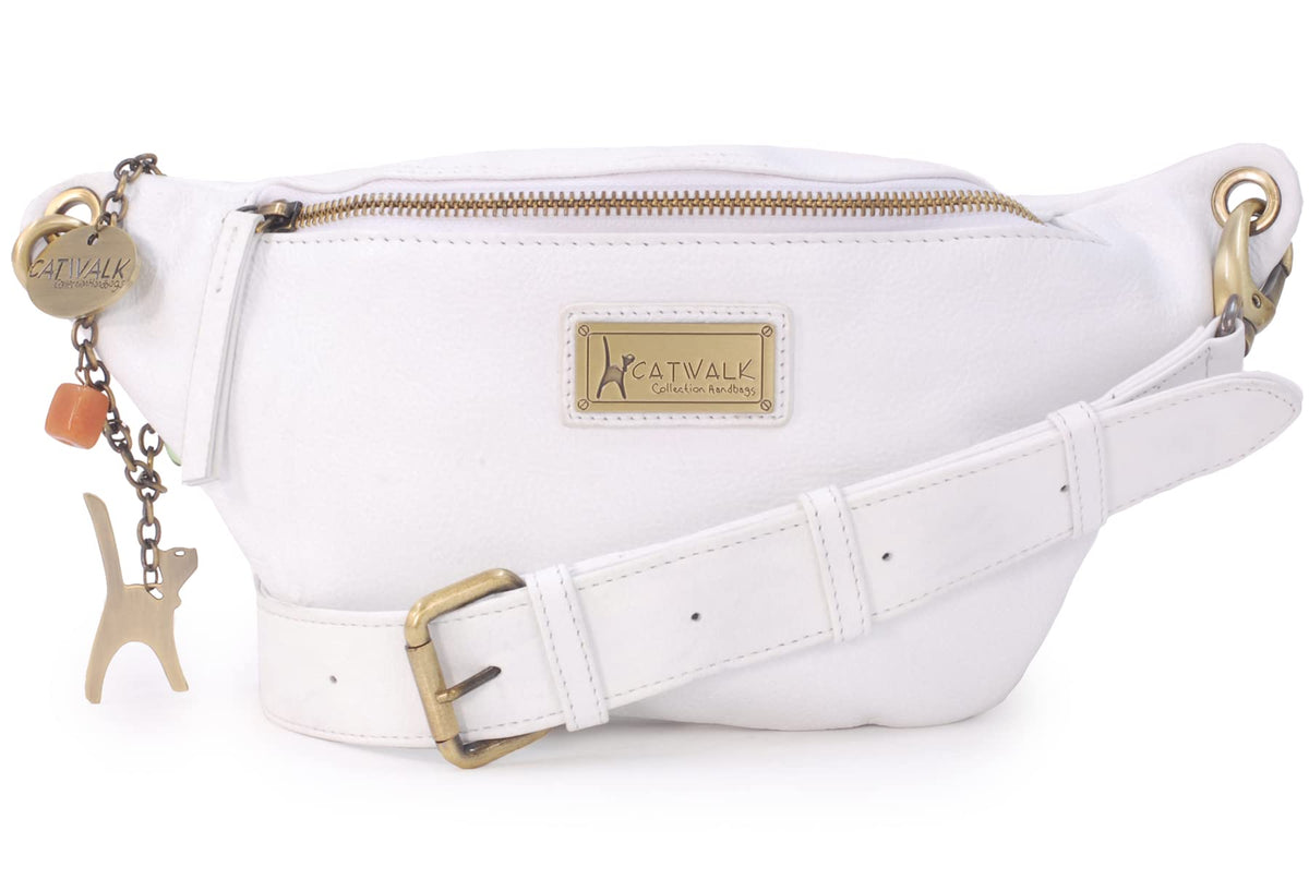 CATWALK COLLECTION HANDBAGS - Luxury Belt Bag - Festival Bum Bag - Waist Bag for Women - Fits Smart Phone - Ariana - White Fossil Leather