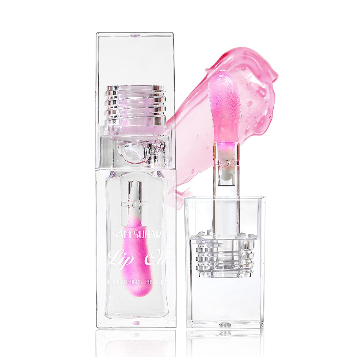 Color Changing Lip Oil,Clear to Pink Magic Big Brush Color Changing Hydrating Lip Glow Oil,Long Lasting Nourishing Non-sticky Lip Oil Tinted for Lip Care and Dry Lips (Transparent)