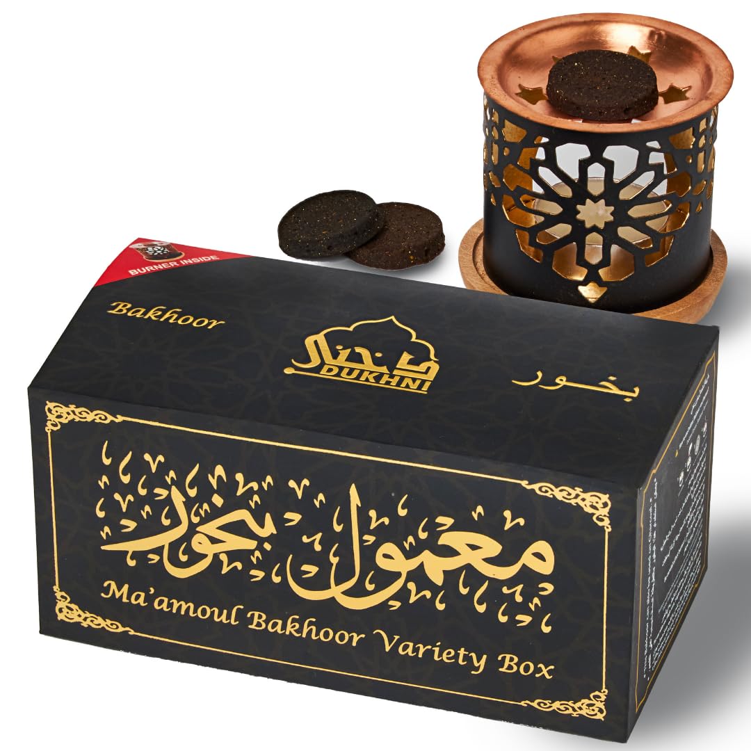 Maamoul Bakhoor Variety Box & Burner by Dukhni | Islamic Gift Set of Arabian Oud Bakhour and candle bakhoor burner, for men and women | 10 pcs arabic incense, 5 mixed scents | Starter Bukhoor Kit