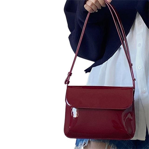 Handbag Retro Patent Shoulder Bag For Women Flap Small Square Bag Fashion Underarm Crossbody Bag Ladies Handbag Purse-Red
