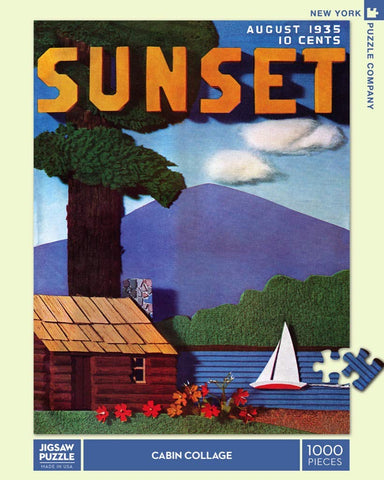 New York Puzzle Company - Sunset Cabin Collage - 1000 Piece Jigsaw Puzzle