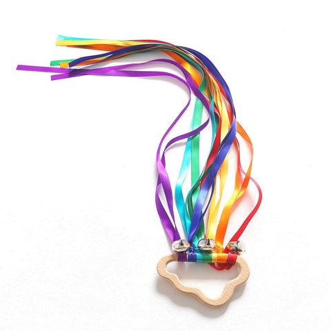 Rainbow Wooden Ribbon Ring Toys,Ribbon Hand Kite,Baby Teether Sensory Toy Cloud Ribbon Molar Wooden Circle,Hand-Eye Coordination Colour Learning Early Inspired Sensory Toys (Rainbow)