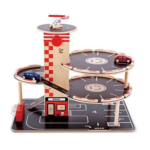 Sustainable Wood Toy Car, Toys For Kids, Hape “Park And Go” Garage Set With 4 Levels, 1 Lift, 2 Toy Cars, 1 Toy Helicopter. 3 years +, 48.01 x 30 x 37.39 cm