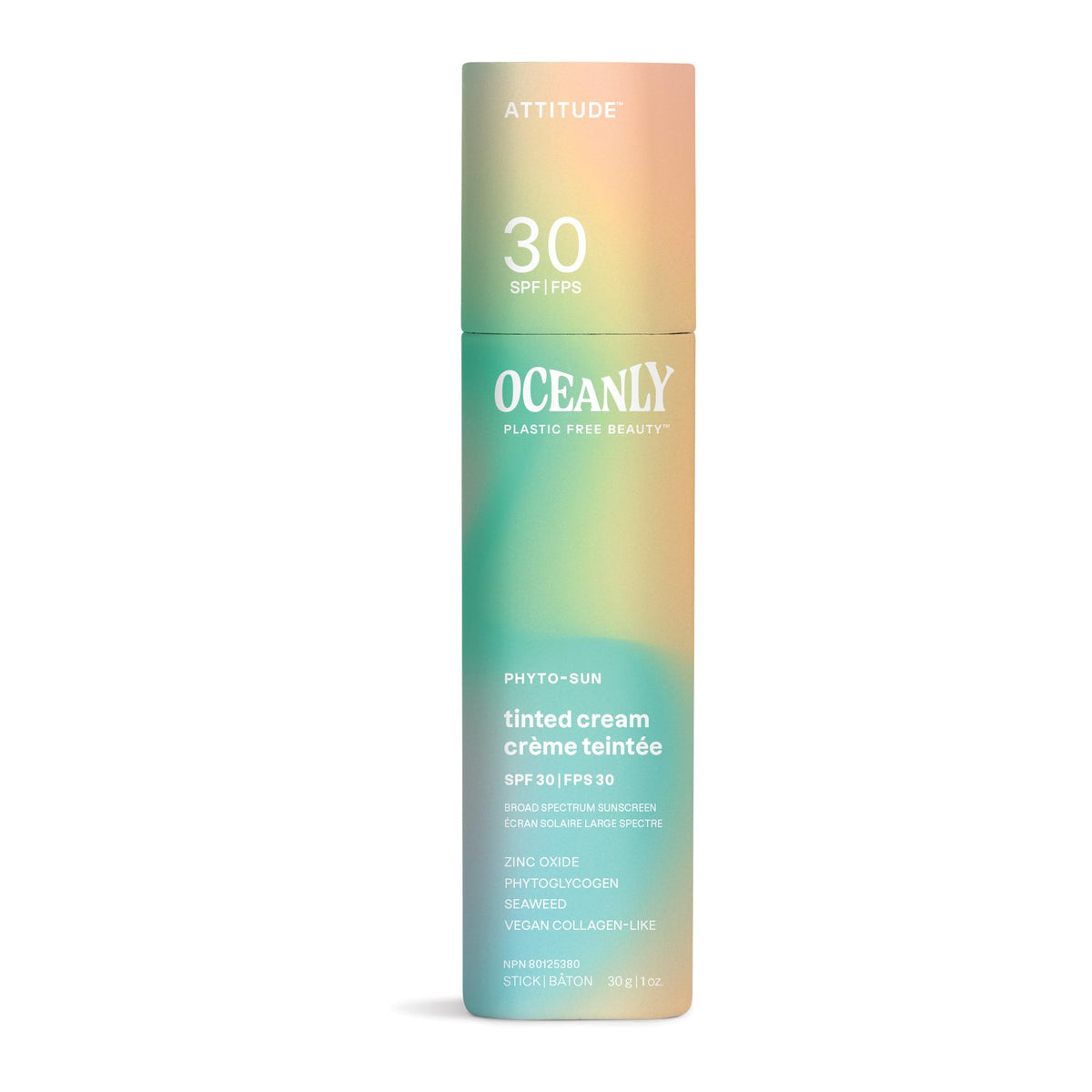 ATTITUDE Oceanly Tinted Face Cream Stick with SPF 30, EWG Verified, Plastic-Free, Broad Spectrum UVA/UVB Protection with Zinc Oxide, Universal Tint, Unscented, 1 Ounce