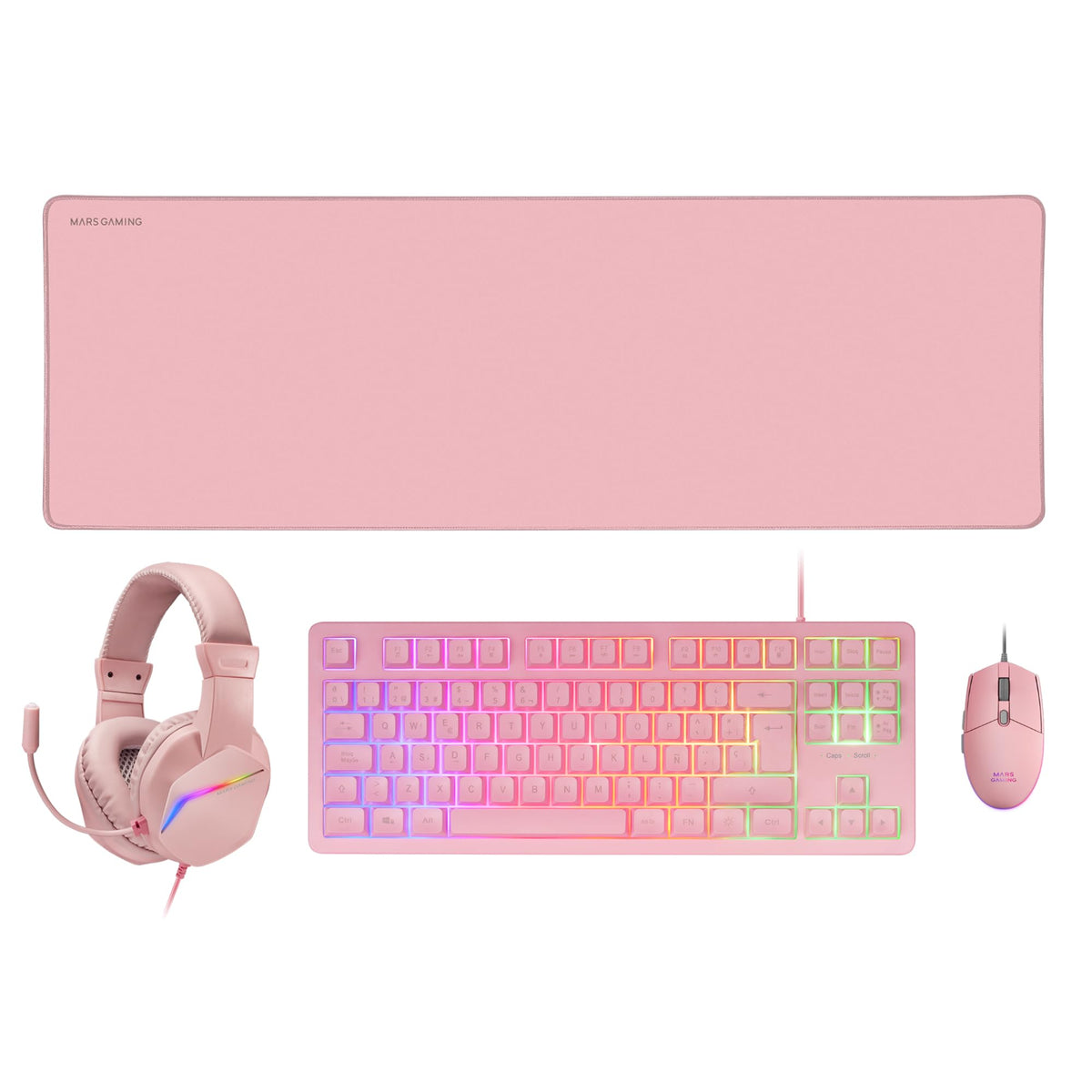 MARSGAMING Mars Gaming MCP-RGB3, Gaming Pack Fixed RGB Keyboard + Gaming Mouse RGB Flow 3200 DPI + RGB Over-Ear Headset + XXL Mousepad, Pink, Portuguese Language