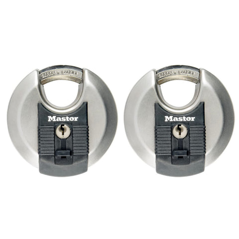 MASTER LOCK Pack of 2 High Security Disc Padlocks, Security level 8/10, Outdoor, Keyed, Stainless Steel, Weatherproof, Shrouded Shackle