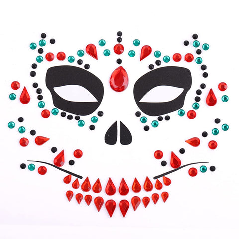 Halloween Face Rhinestone Jewelry Sticker Ghost Face Gem Sticker 3D Crystal Sticker Face Glitter Tattoo Body Art Decoration Fake Skull Teeth Gems for Carnival Masquerade Christmas Makeup 3 Sheets