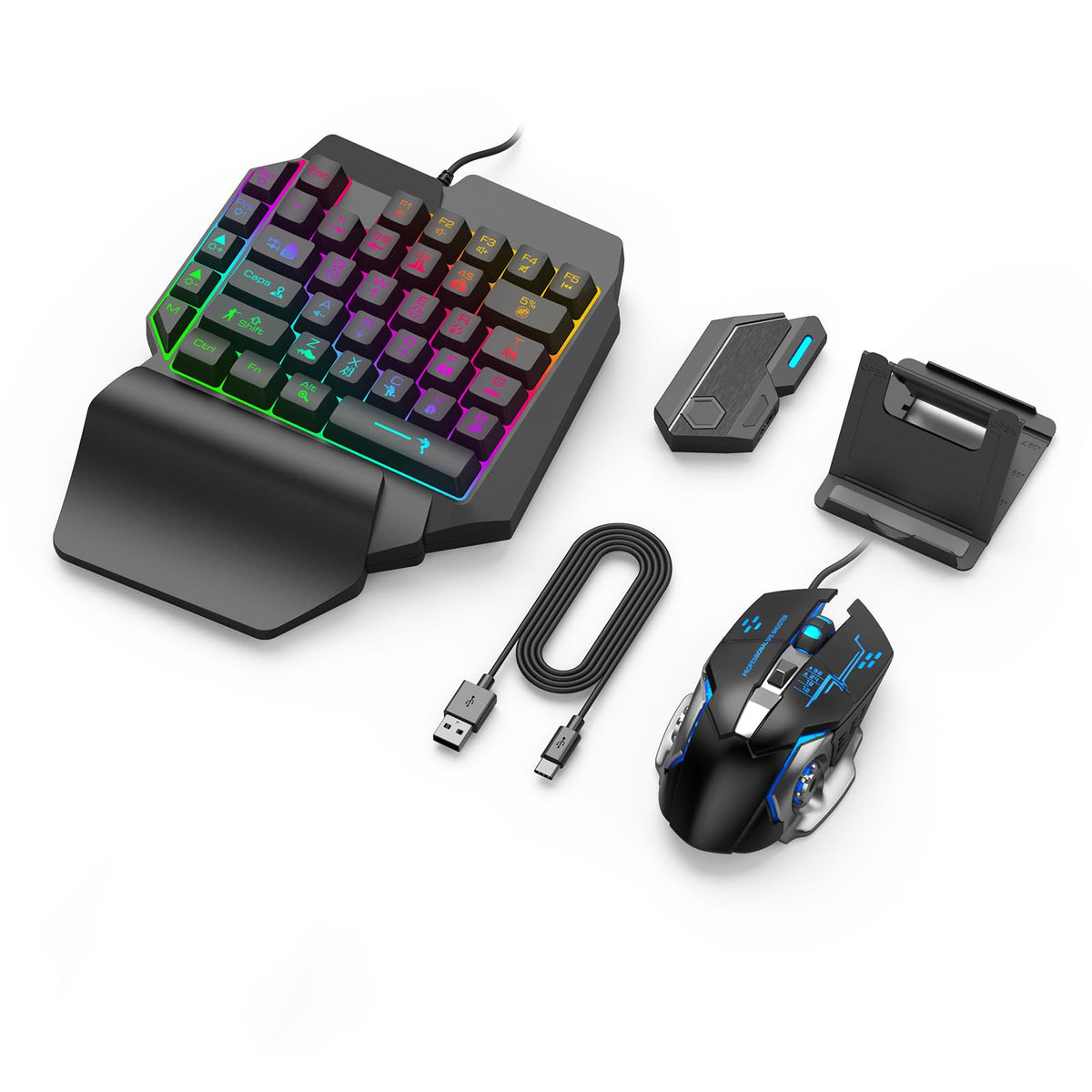 One Handed Gaming Keyboard and Mouse Combo, RGB Rainbow Backlit 35 Keys Half Hand Gaming Keyboard and Mouse Set with Wrist Rest Support and Converter for Gamer