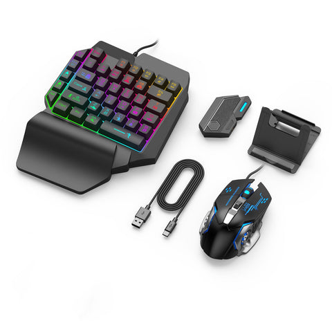 One Handed Gaming Keyboard and Mouse Combo, RGB Rainbow Backlit 35 Keys Half Hand Gaming Keyboard and Mouse Set with Wrist Rest Support and Converter for Gamer