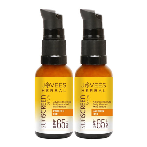 Jovees Herbal Sunscreen Face Serum SPF 65 PA+++ with Green tea, Carrot and Sunflower extract, Broad spectrum Sun protection, Light weight & Water Resistant- For All Skin Types - 30ml Pack of 2