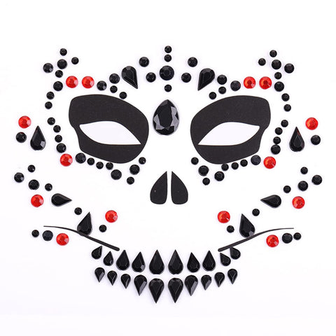 Halloween Face Rhinestone Jewelry Sticker Ghost Face Gem Sticker 3D Crystal Sticker Face Glitter Tattoo Body Art Decoration Fake Skull Teeth Gems for Carnival Masquerade Christmas Makeup 3 Sheets