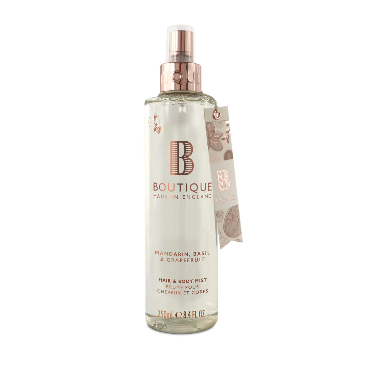 Boutique Body Spray 250ml - Mandarin, Basil & Grapefruit Fragrance Womens Hair & Body Mist - Refreshing, Moisturising Spray With Essential Oils - Vegan - Made In England