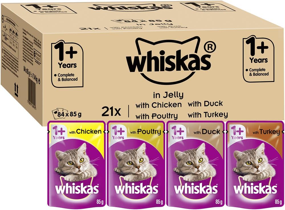 Whiskas Casserole Wet Pouches, Delicious and Tasty Poultry Selection in Jelly, Suitable for Adult Cats Aged 1+, MegaPack (84 x 85 g)