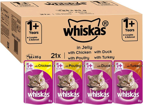 Whiskas Casserole Wet Pouches, Delicious and Tasty Poultry Selection in Jelly, Suitable for Adult Cats Aged 1+, MegaPack (84 x 85 g)