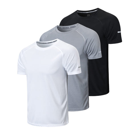 HUAKANG 3 Pack T Shirts Men Breathable Sport Shirts Cool Dry Running Tops Short Sleeve Gym Tops for Men(520 Black Grey White-M)