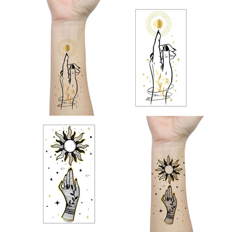 9 Sheets Metallic Gold Silver Black Temporary Tattoo, Hands Face Tattoo Sticker for Men Women, Flower Leaf Space Moon Snake Fingers Designs on Arm Neck Shoulder Clavicle Waterproof