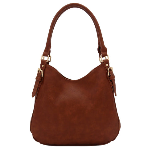 Lightweight 3 Compartment Faux Leather Medium Hobo Bag (Saddle Brown)