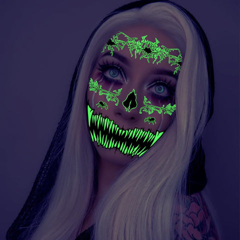 10 Sheets Halloween Glow In The Dark Tattoos Face Luminous Temporary Tattoo Waterproof Last Long Glitter Tattoos Stickers Scary Zombie Makeup Kit For Kids Women Girls Boys Adults Party Supplies