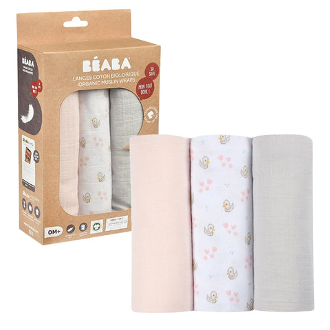 BÉABA, Set of 3 Baby Swaddle Cloths, Organic Cotton Muslin, Multi-Purpose: Swaddle Blanket, Bib, Travel Blanket, Comforter, Ultra Soft, Breathable, Large, 70x70, Eco-Friendly and Safe, Swan Print