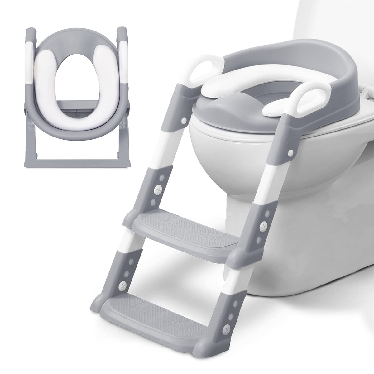 KIDOOLA Adjustable Potty Ladder Seat for Toilet Training with Steps, Handle & Soft Cushion Design Non Slip & Space Efficient Toddlers & Children Unisex Foldable & Easy Assembly Splash Guard Included