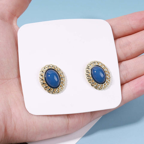 Yheakne Vintage Oval Blue Gem Earrings Blue Lapis Earrings Antique Halo Oval Earrings Custom Oval Studs Earrings Jewelry for Women and Girls Gifts