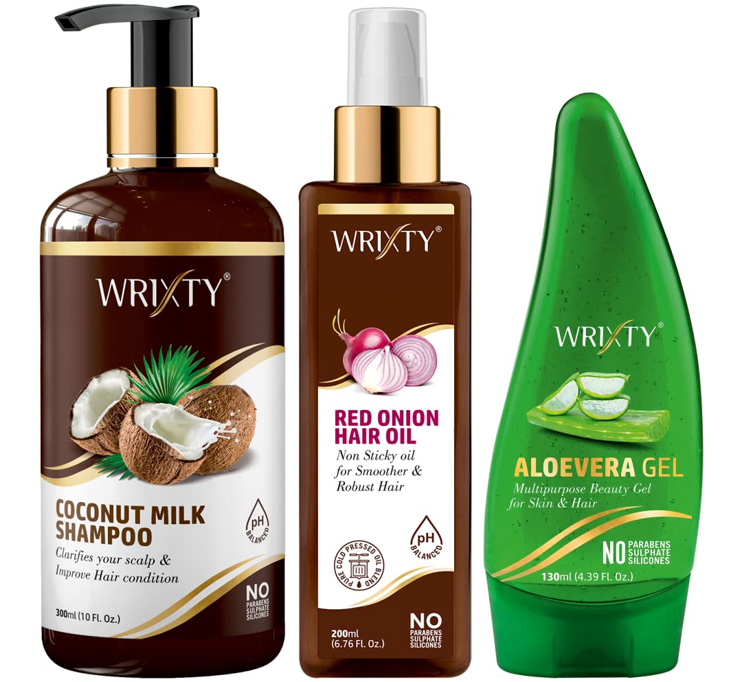 Wrixty Coconut Milk Shampoo (300ml), Red Onion Black Seed Hair Oil (200ml) and Pure Aloe Vera Gel (130ml) | 3 Items in The Set | Best Combo Kit | Smoother & Robust Hair