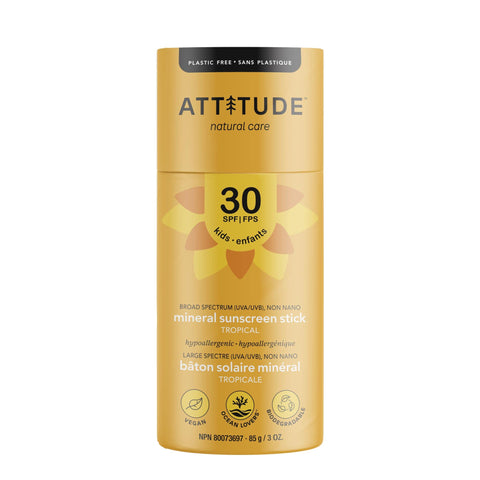 ATTITUDE Sunscreen Stick, Broad Spectrum UVA/UVB, Plant and Mineral-Based Formula, Coral Reefs Friendly, Vegan and Cruelty-free Sun Care Products, Body, SPF 30, Tropical, 3 Oz (16034)