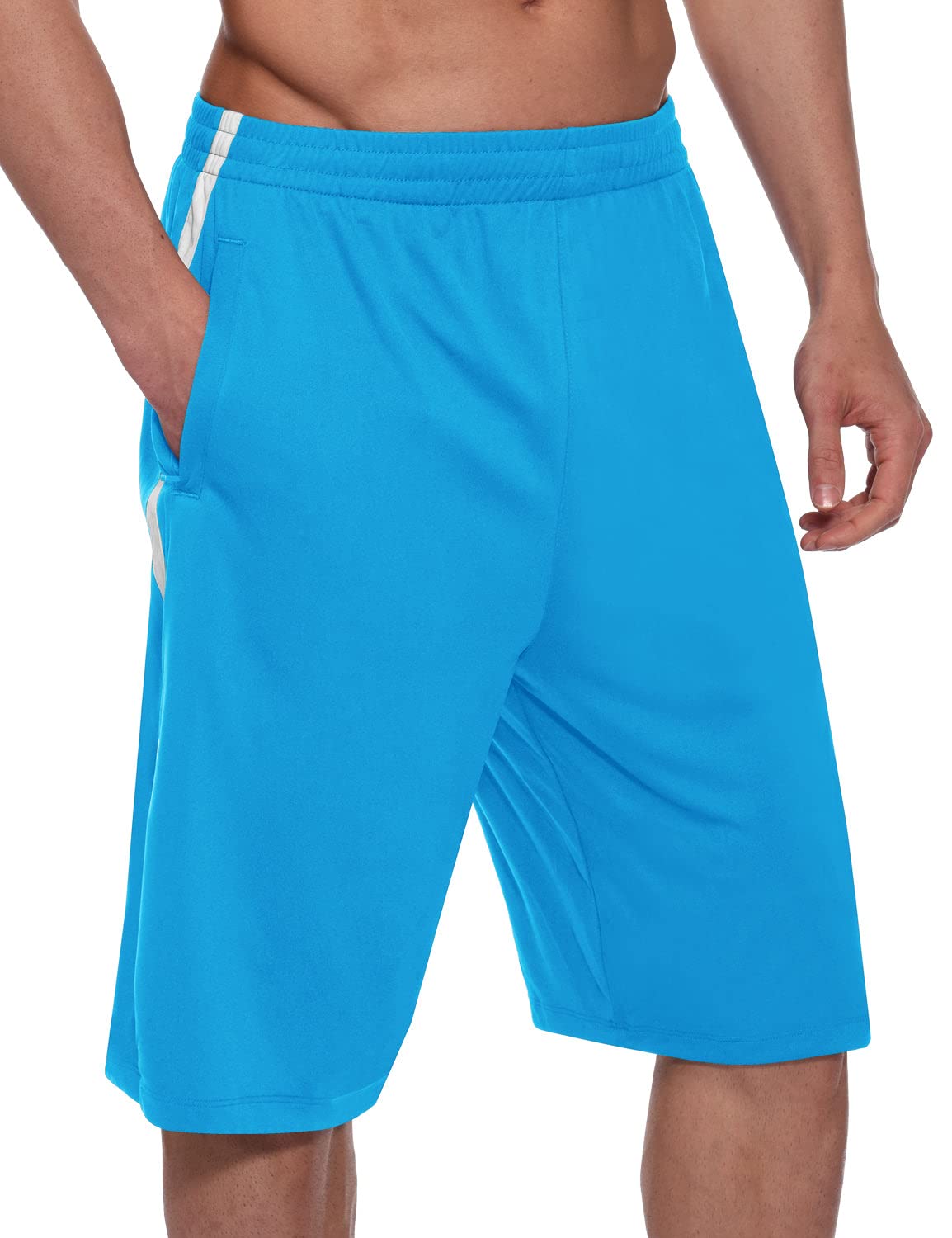 BALEAF Men's 11'' Athletic Basketball Shorts Long with Zipper Pockets Gym Shorts Lightweight Workout Training Drawstrings Light Blue Size M