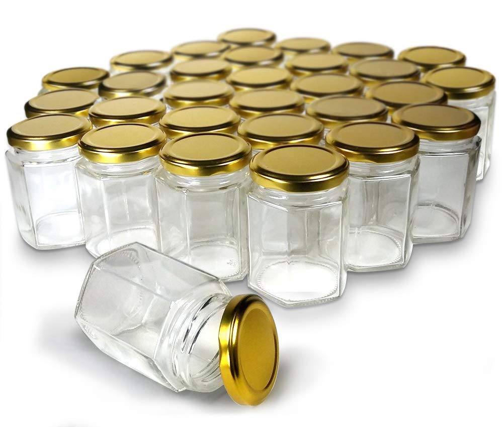 SKGREEN (250 ml) Hexagon Glass Jar and Container with Golden lid,Rust Proof Air Tight Lid,Suitable to use in Your Home Office,Kitchen Storage/Glass Jars Set (Set of 12)