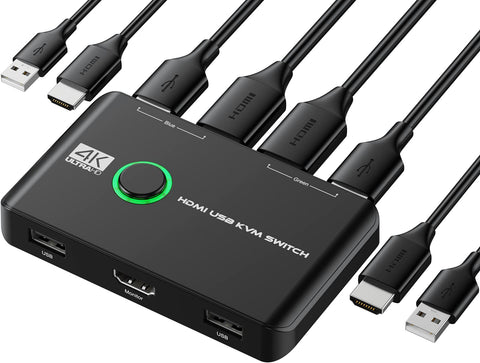 4K KVM Switch HDMI 2 Port Box, USB HDMI KVM Switches for 2 Computers Share Keyboard Mouse Printer and one HD Monitor, Support UHD 4K@60Hz, with 2 USB Cables and 2 HDMI Cables