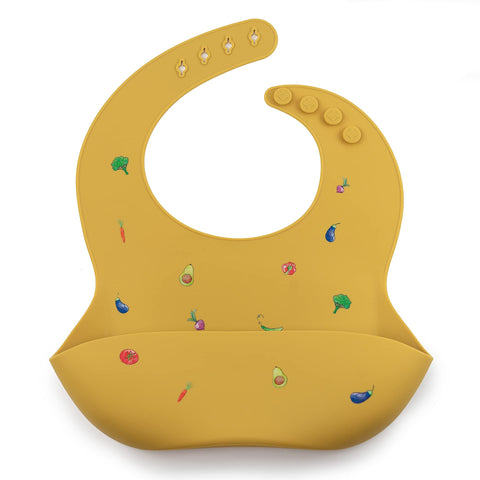 J.BÃƒÆ’Ã†â€™Ãƒâ€ Ã¢â‚¬â„¢ÃƒÆ’Ã¢â‚¬Å¡Ãƒâ€šÃ‚Â¸rn Baby Bib With Food Catcher For Baby Led Weaning - BPA-Free Food-Grade Silicone, Easy Clean - Eco-Friendly Baby Essentials, Gift Wrapped with Stickers Included (Mustard Veggies)