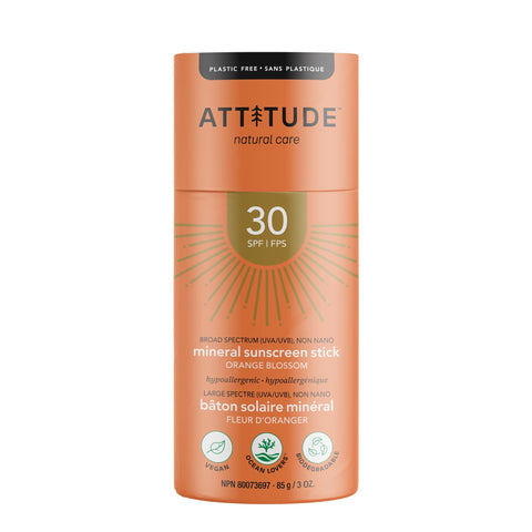 ATTITUDE Sunscreen Stick, Broad Spectrum UVA/UVB, Plant and Mineral-Based Formula, Vegan and Cruelty-free Sun Care Products, Body, SPF 30, Orange Blossom, 3 Ounces