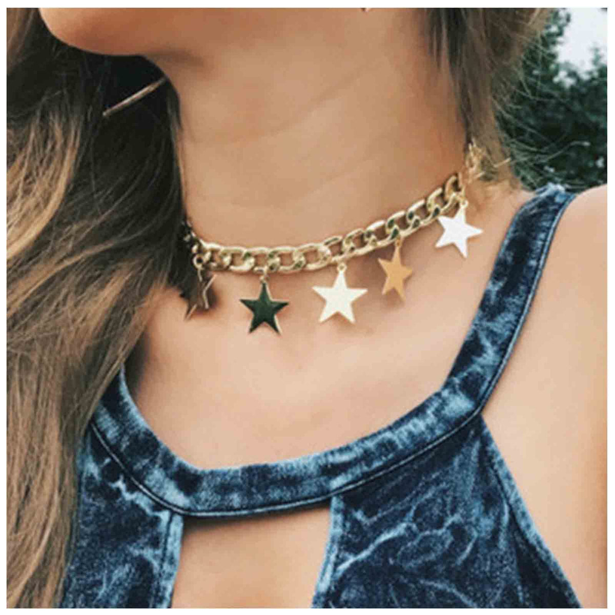 Yheakne Boho Star Dangle Choker Necklace Gold Chunky Curb Chain Necklace Punk Thick Chain Choker Necklace Minimal Short Chain Necklace Jewelry for Women and Girls