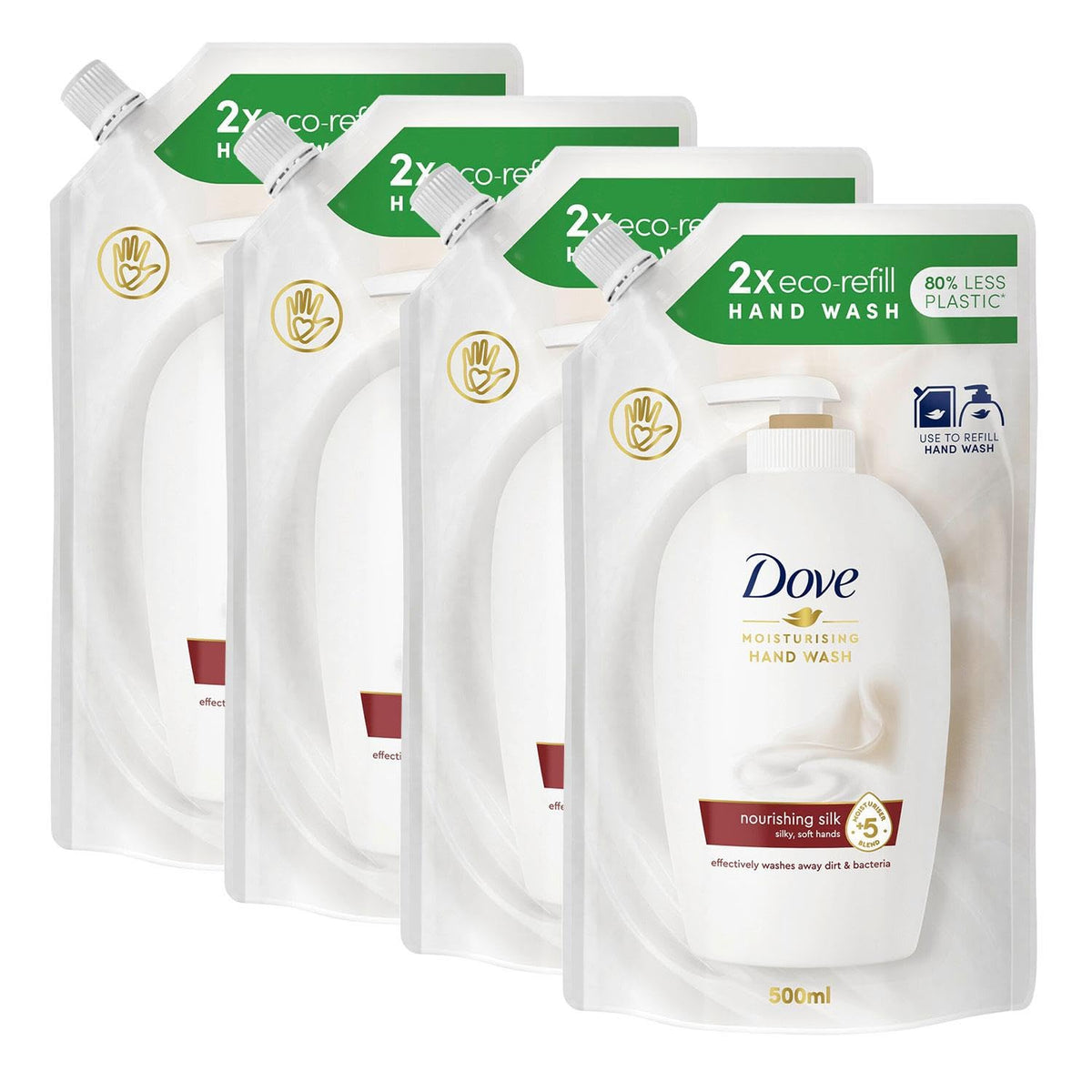 Dove Moisturising Eco-Refill for Liquid Hand Wash Nourishing Silk Effective Antibac Cleansing for 24H Nourishment and Instantly Soft Skin 500ml, 4 Pack