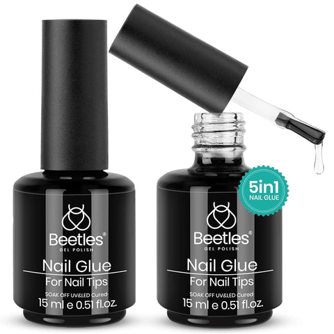 Beetles Gel Polish 5 In 1 Nail Glue and Base Gel Kit for Acrylic Nails,2 Pcs 15ml Super Strong Brush in Nail Gel Glue for False Nails Tips and Gel Nail Polish Led Lamp Required Nail Art Gift